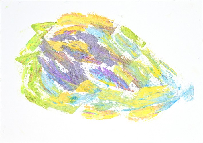Dessin abstrait à la craie grasse. Dominance de jaune, vert clair, violet et bleu clair.