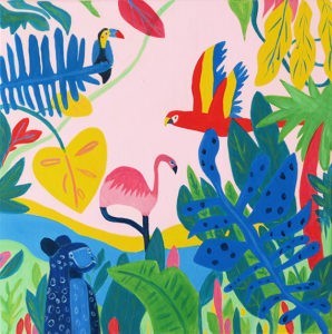 Peinture acrylique sur chassis représentant un paysage de jungle exotique colorées avec des animaux.